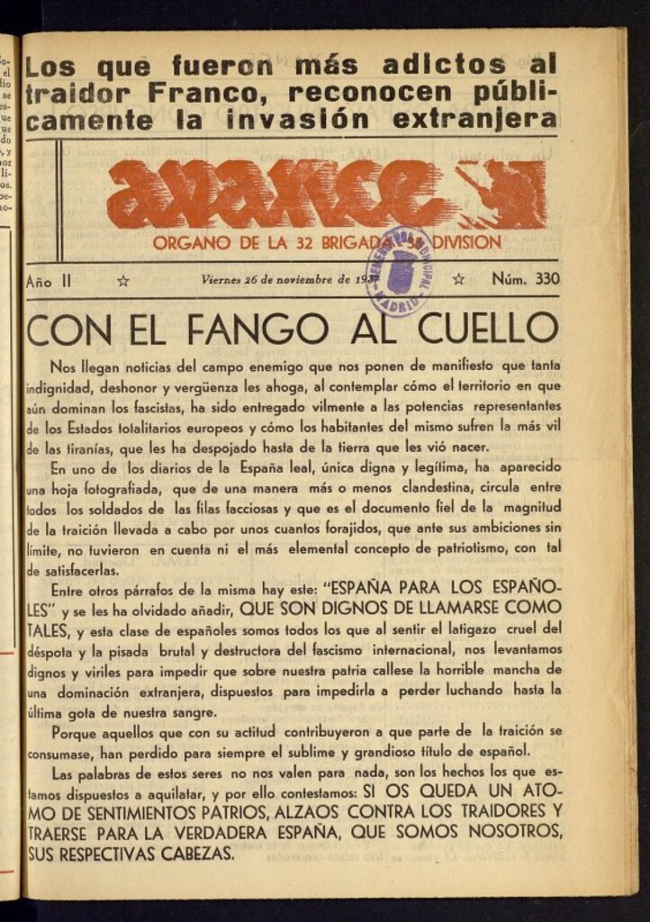 Miniatura de Avance: órgano de la XXXII brigada, de 26 de noviembre de 1937, nº 330