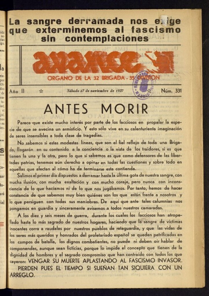 Miniatura de Avance: órgano de la XXXII brigada, de 27 de noviembre de 1937, nº 331