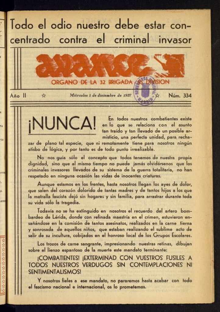 Miniatura de Avance: órgano de la XXXII brigada, de 1 de diciembre de 1937, nº 334