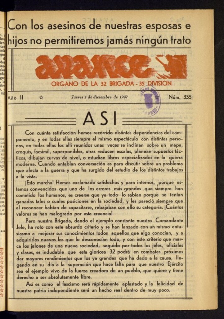 Miniatura de Avance: órgano de la XXXII brigada, de 2 de diciembre de 1937, nº 335