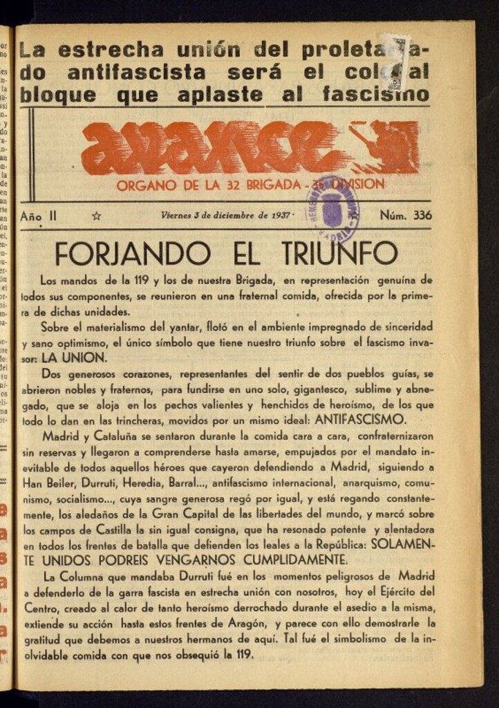 Miniatura de Avance: órgano de la XXXII brigada, de 3 de diciembre de 1937, nº 336