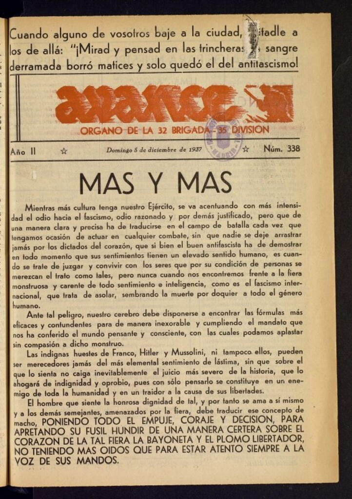 Miniatura de Avance: órgano de la XXXII brigada, de 5 de diciembre de 1937, nº 338