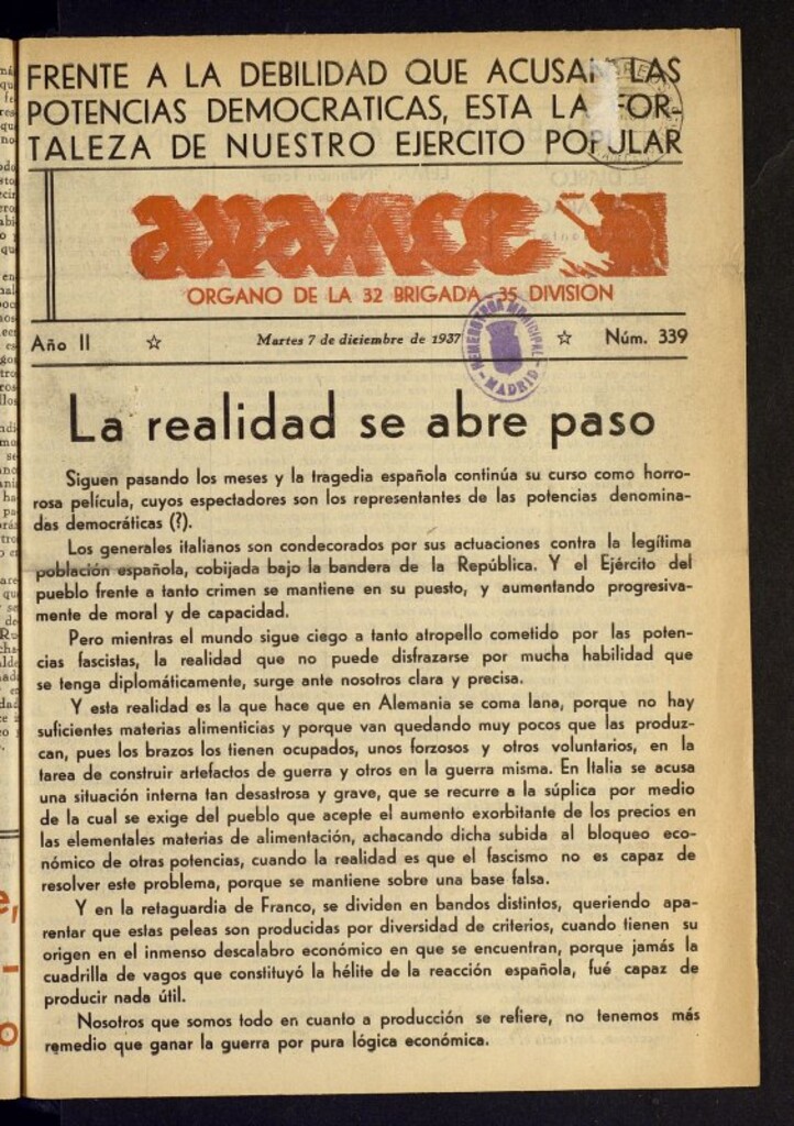 Miniatura de Avance: órgano de la XXXII brigada, de 7 de diciembre de 1937, nº 339