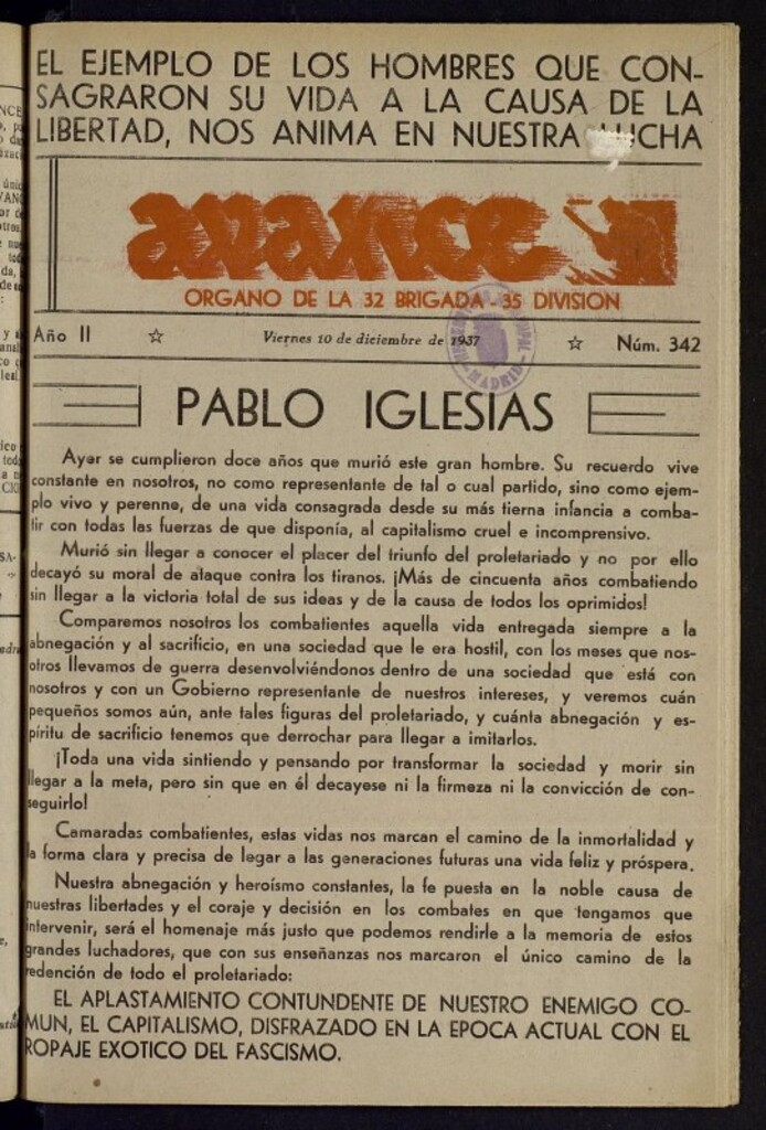 Miniatura de Avance: órgano de la XXXII brigada, de 10 de diciembre de 1937, nº 342