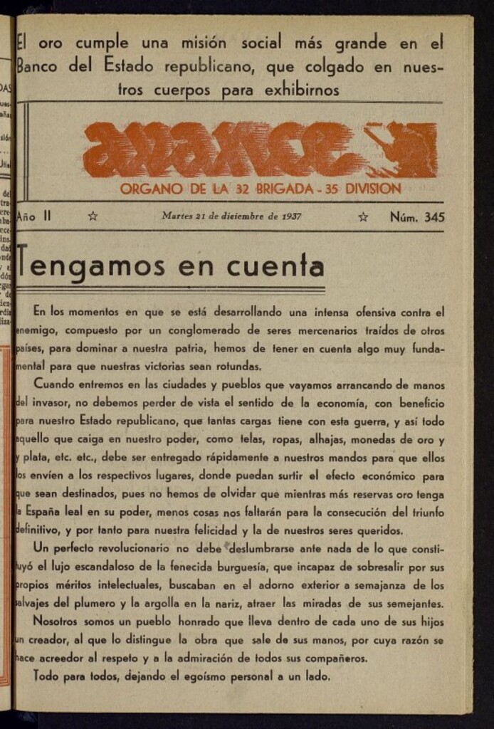 Miniatura de Avance: órgano de la XXXII brigada, de 21 de diciembre de 1937, nº 345