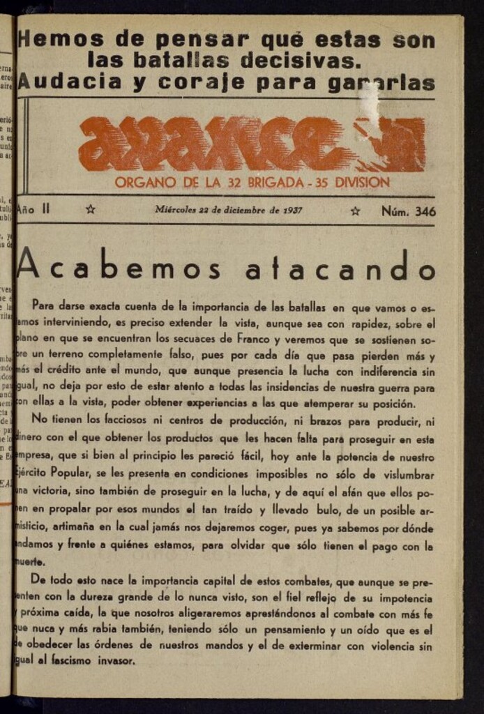 Miniatura de Avance: órgano de la XXXII brigada, de 22 de diciembre de 1937, nº 346