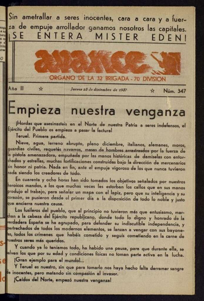 Miniatura de Avance: órgano de la XXXII brigada, de 23 de diciembre de 1937, nº 347