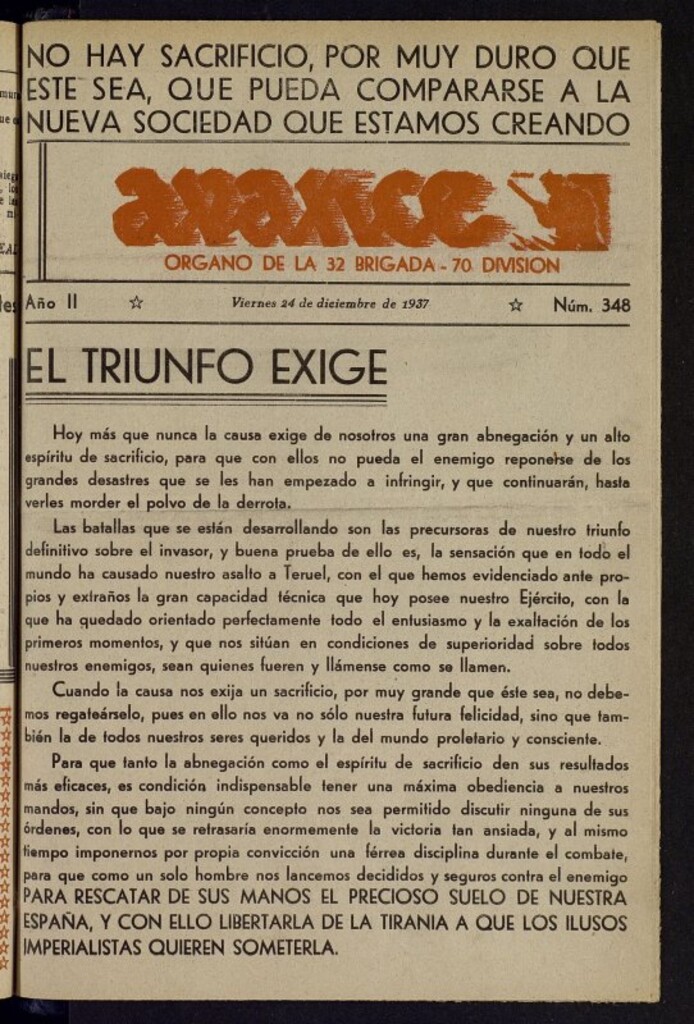 Miniatura de Avance: órgano de la XXXII brigada, de 24 de diciembre de 1937, nº 348