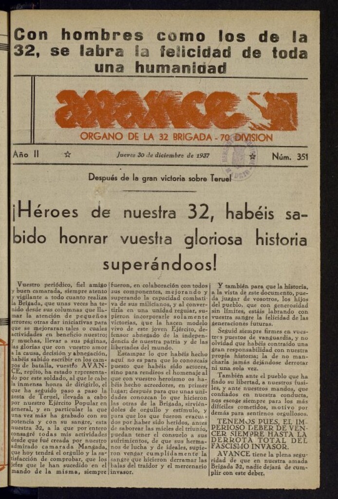 Miniatura de Avance: órgano de la XXXII brigada, de 30 de diciembre de 1937, nº 351 [sic]