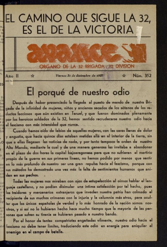 Miniatura de Avance: órgano de la XXXII brigada, de 31 de diciembre de 1937, nº 352
