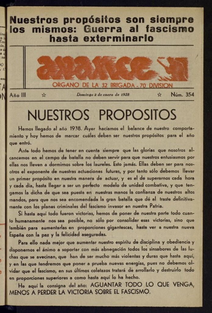 Miniatura de Avance: órgano de la XXXII brigada, de 2 de enero de 1938, nº 354