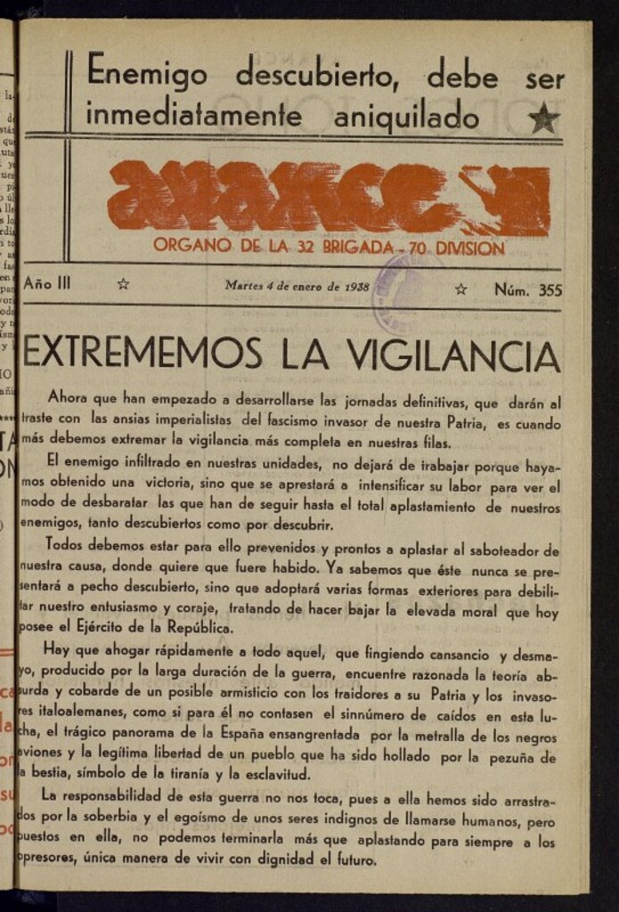 Miniatura de Avance: órgano de la XXXII brigada, de 4 de enero de 1938, nº 355