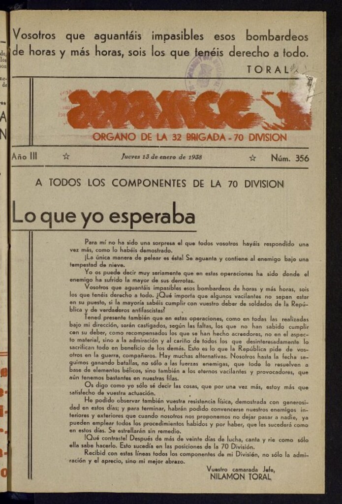 Miniatura de Avance: órgano de la XXXII brigada, de 13 de enero de 1938, nº 356