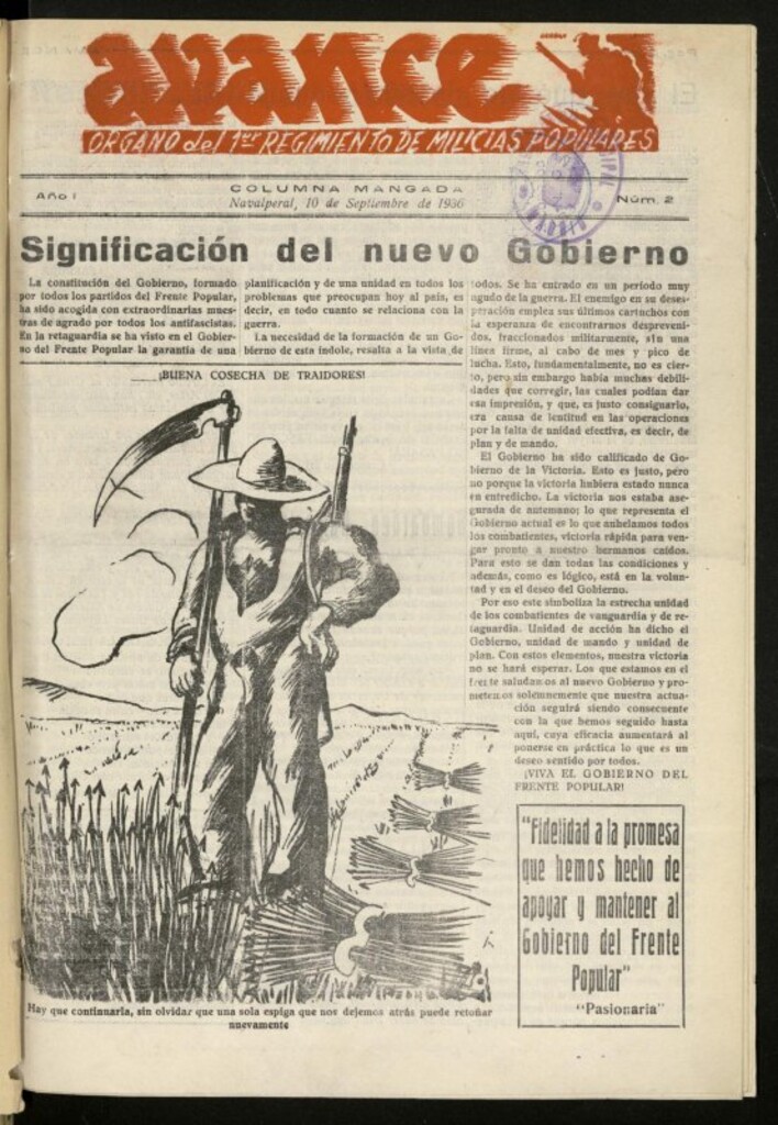 Miniatura de Avance: boletín de lucha antifascista de 10 de septiembre de 1936, nº 2