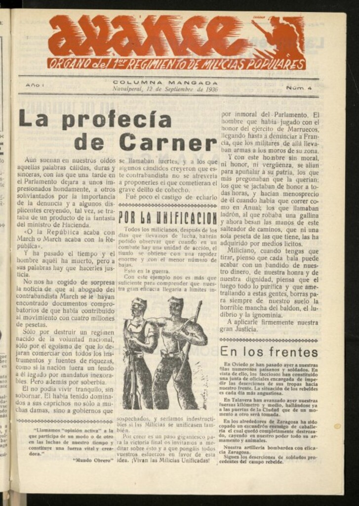Miniatura de Avance: boletín de lucha antifascista de 12 de septiembre de 1936, nº 4
