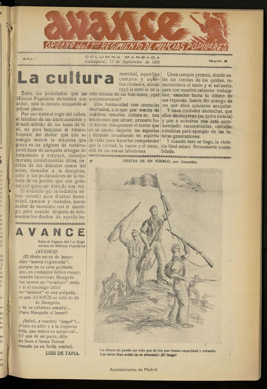 Miniatura de Avance: boletín de lucha antifascista de 18 de septiembre de 1936, nº 8