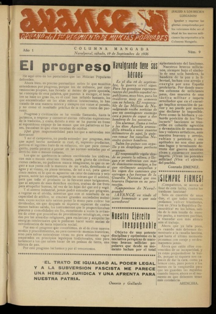 Miniatura de Avance: boletín de lucha antifascista de 19 de septiembre de 1936, nº 9