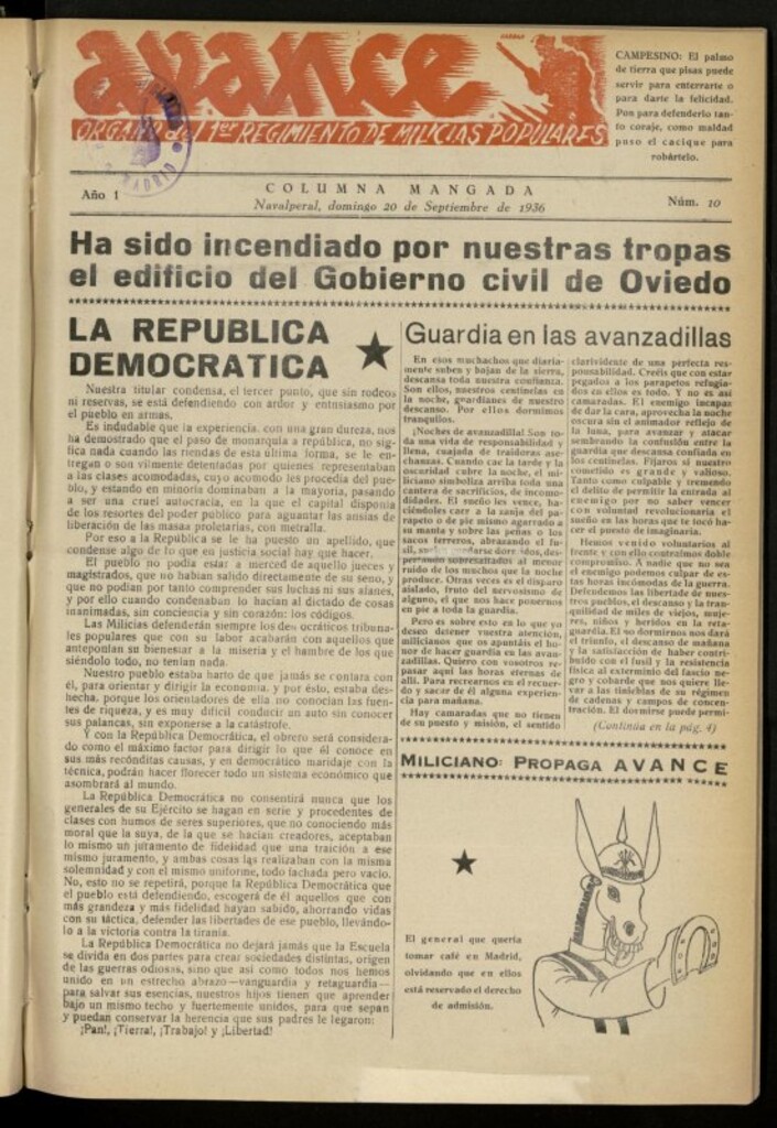 Miniatura de Avance: boletín de lucha antifascista de 20 de septiembre de 1936, nº 10