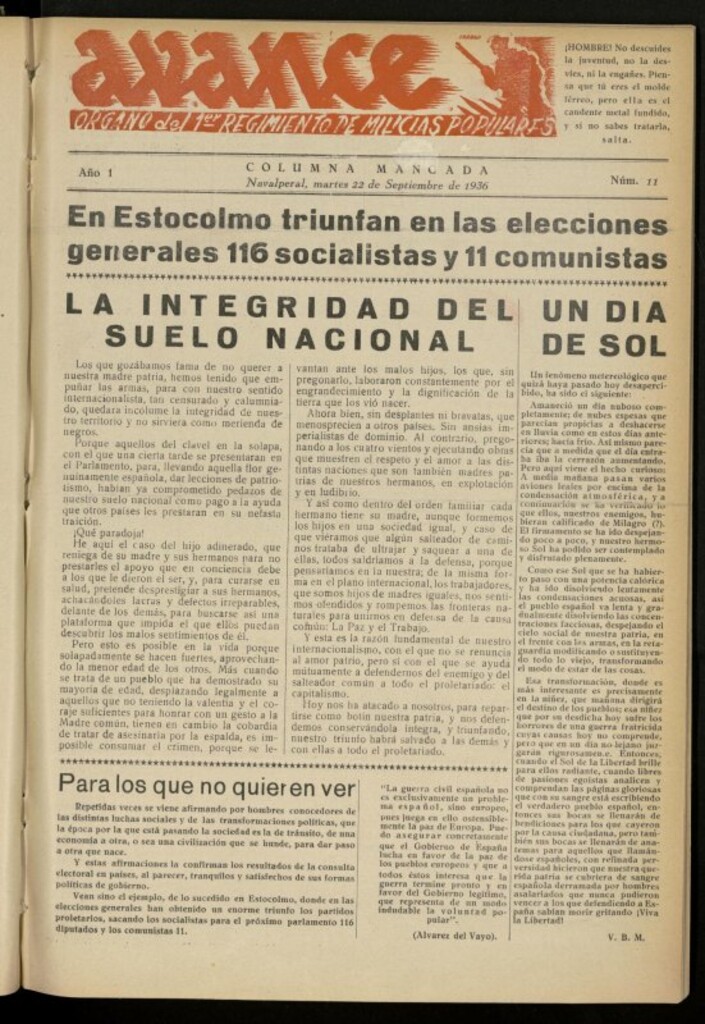 Miniatura de Avance: boletín de lucha antifascista de 22 de septiembre de 1936, nº 11
