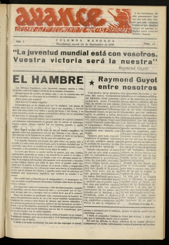 Miniatura de Avance: boletín de lucha antifascista de 24 de septiembre de 1936, nº 13
