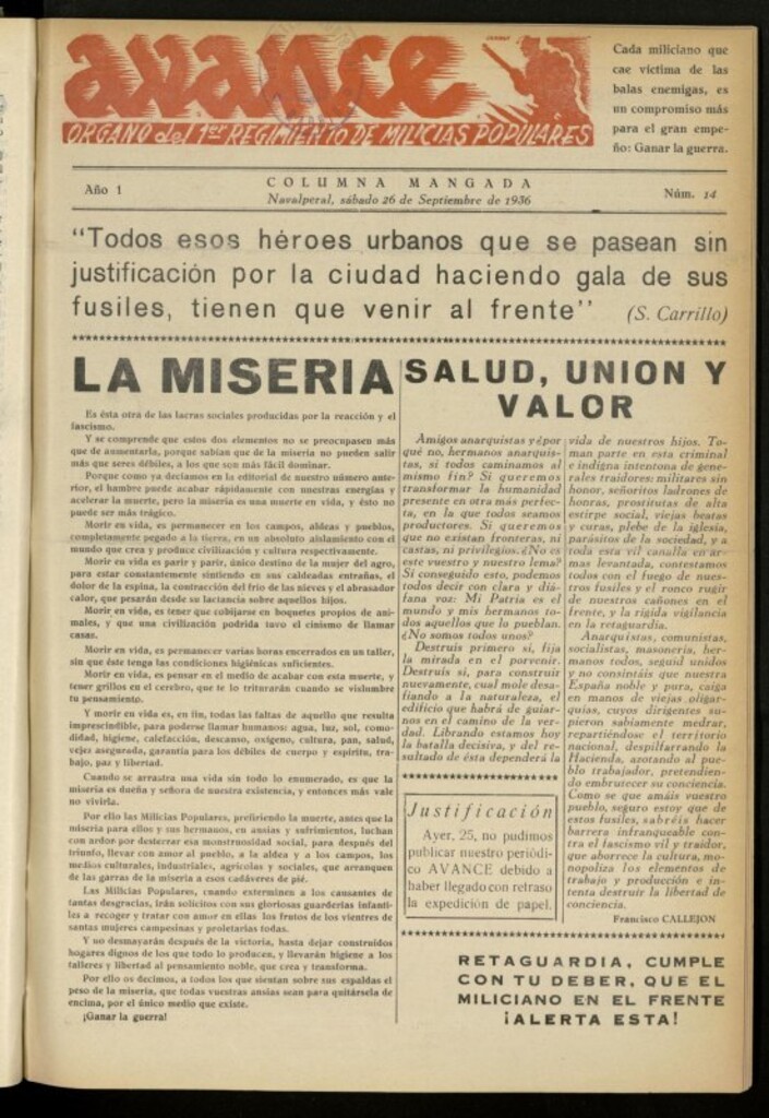 Miniatura de Avance: boletín de lucha antifascista de 26 de septiembre de 1936, nº 14