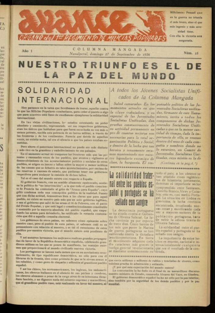 Miniatura de Avance: boletín de lucha antifascista de 27 de septiembre de 1936, nº 15