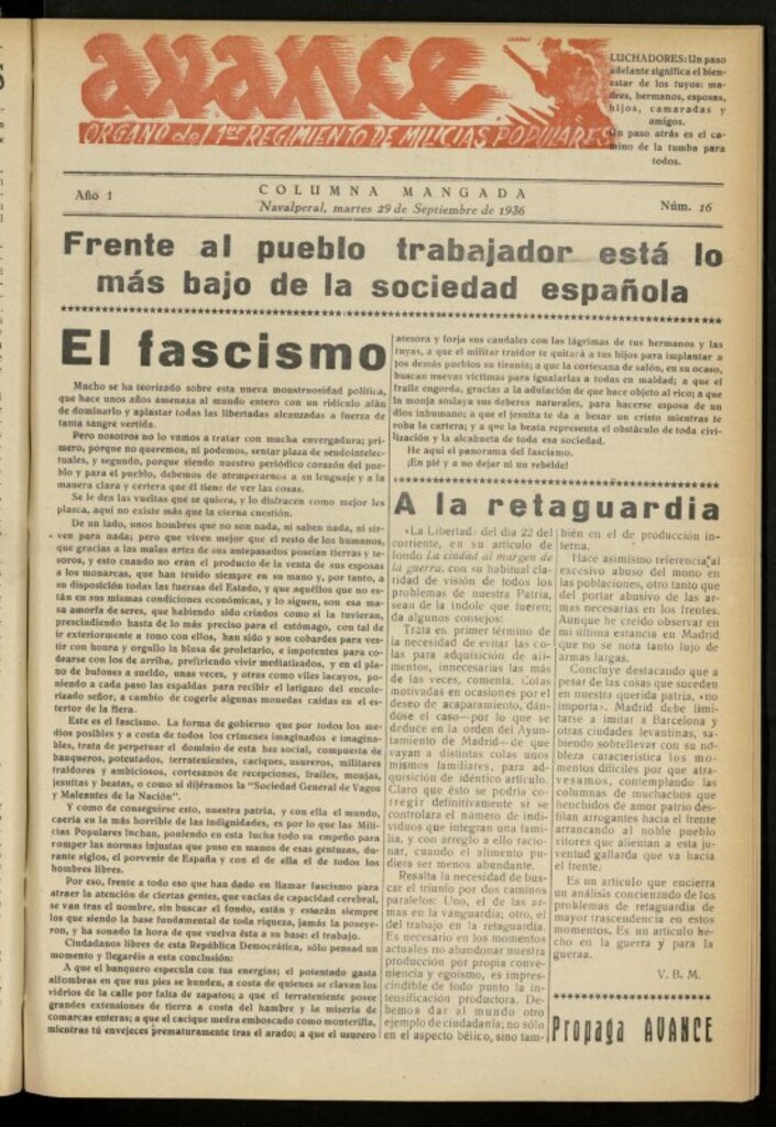 Miniatura de Avance: boletín de lucha antifascista de 29 de septiembre de 1936, nº 16
