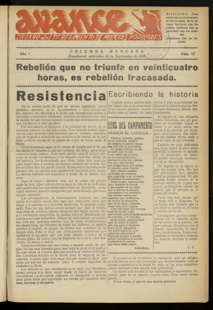 Miniatura de Avance: boletín de lucha antifascista de 30 de septiembre de 1936, nº 17