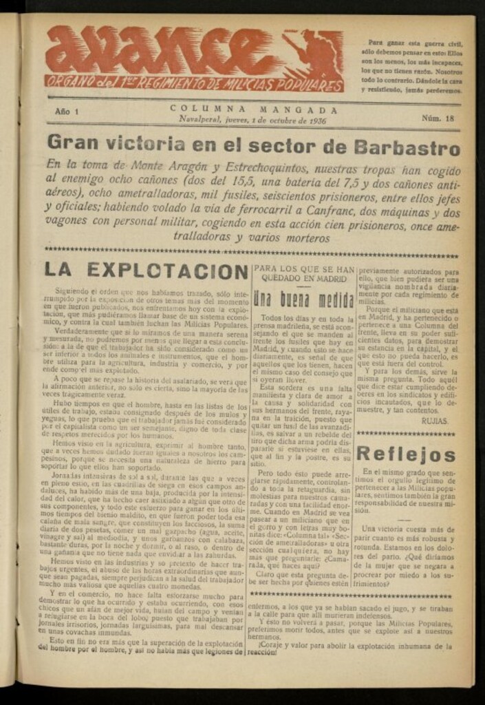 Miniatura de Avance: boletín de lucha antifascista de 1 de octubre de 1936, nº 18