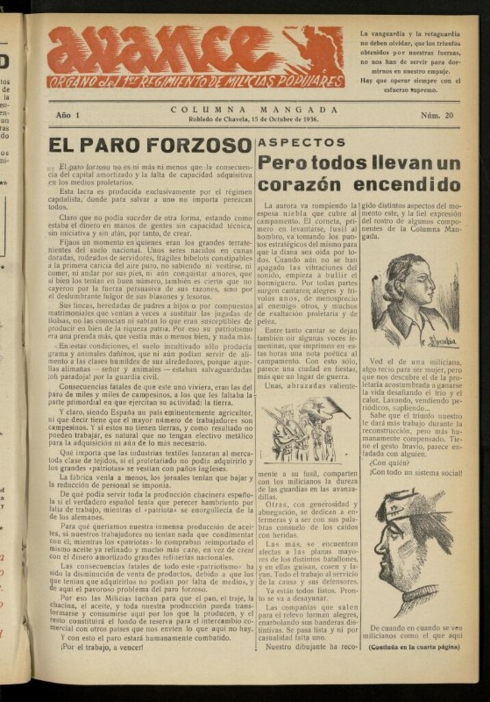 Miniatura de Avance: boletín de lucha antifascista de 15 de octubre de 1936, nº 20