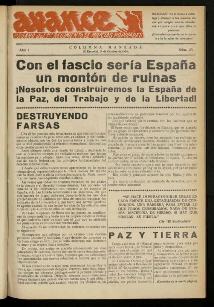Miniatura de Avance: boletín de lucha antifascista de 19 de octubre de 1936, nº 23