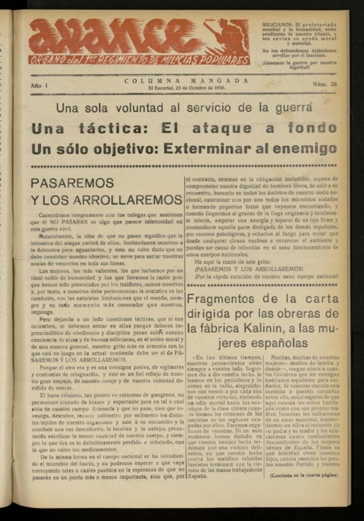 Miniatura de Avance: boletín de lucha antifascista de 23 de octubre de 1936, nº 26