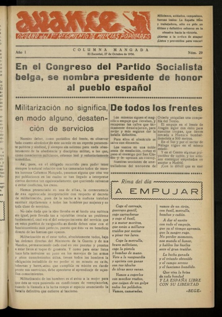 Miniatura de Avance: boletín de lucha antifascista de 27 de octubre de 1936, nº 29