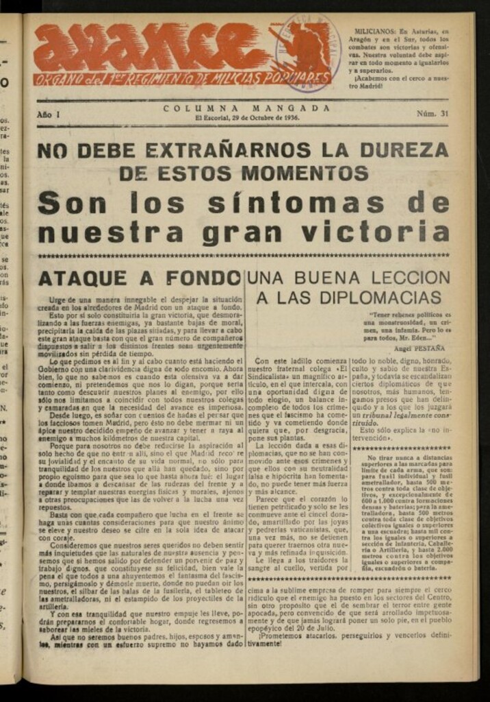 Miniatura de Avance: boletín de lucha antifascista de 29 de octubre de 1936, nº 31