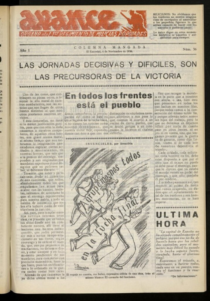 Miniatura de Avance: boletín de lucha antifascista de 4 de noviembre de 1936, nº 36