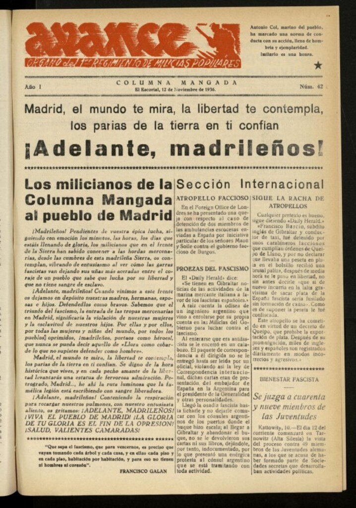 Miniatura de Avance: boletín de lucha antifascista de 12 de noviembre de 1936, nº 42