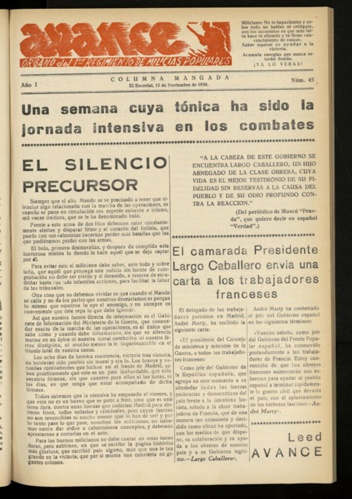 Miniatura de Avance: boletín de lucha antifascista de 15 de noviembre de 1936, nº 45