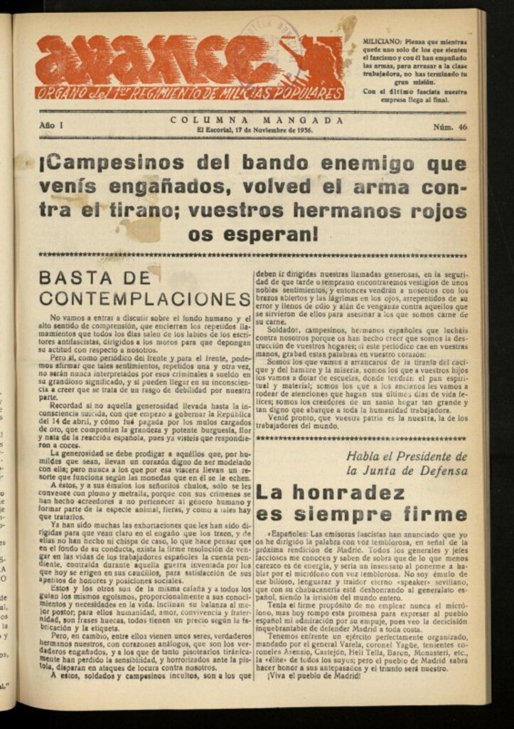 Miniatura de Avance: boletín de lucha antifascista de 17 de noviembre de 1936, nº 46