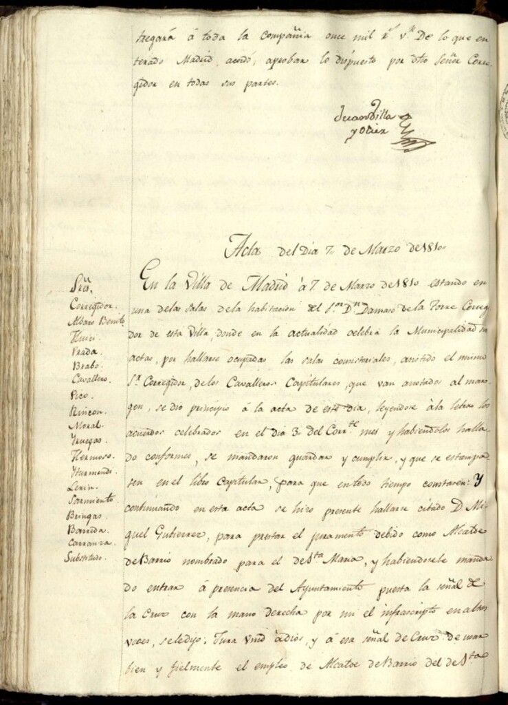 Miniatura de Libro de Acuerdos del Ayuntamiento de Madrid del 7 de marzo de 1810
