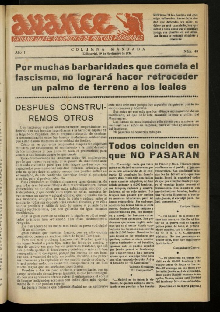 Miniatura de Avance: boletín de lucha antifascista de 19 de noviembre de 1936, nº 48