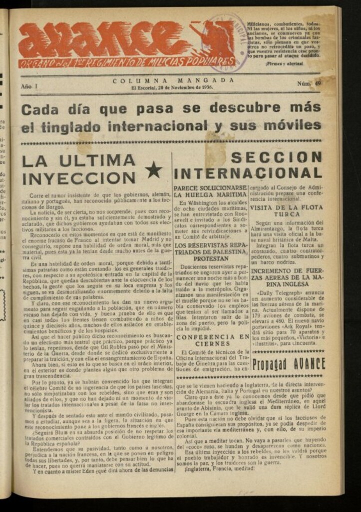 Miniatura de Avance: boletín de lucha antifascista de 20 de noviembre de 1936, nº 49