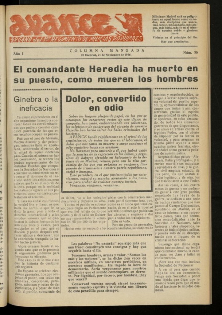 Miniatura de Avance: boletín de lucha antifascista de 21 de noviembre de 1936, nº 50