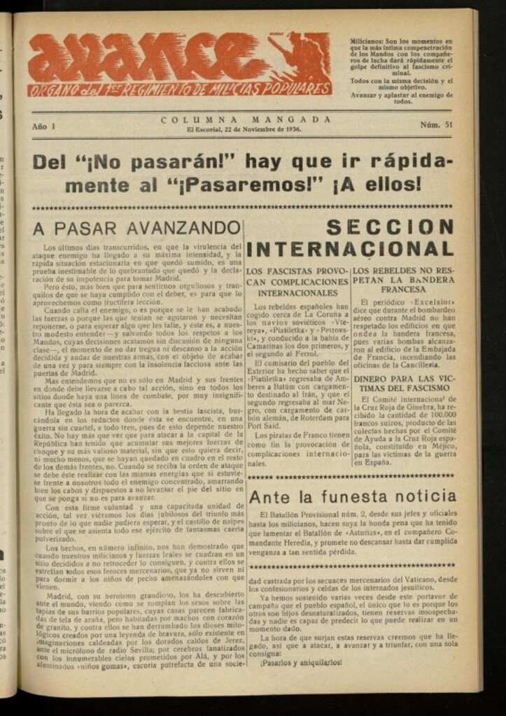 Miniatura de Avance: boletín de lucha antifascista de 22 de noviembre de 1936, nº 51