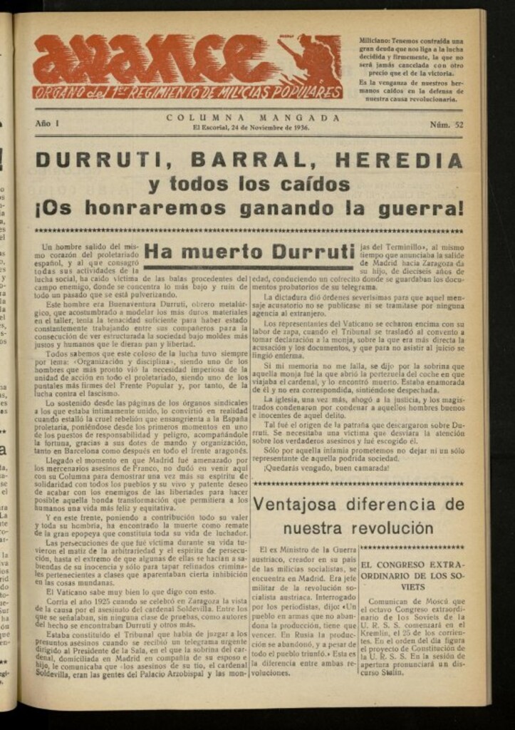 Miniatura de Avance: boletín de lucha antifascista de 24 de noviembre de 1936, nº 52