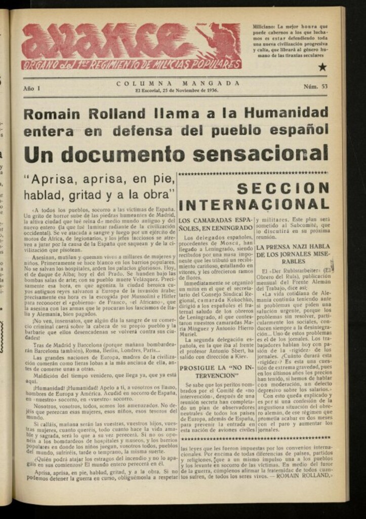 Miniatura de Avance: boletín de lucha antifascista de 25 de noviembre de 1936, nº 53