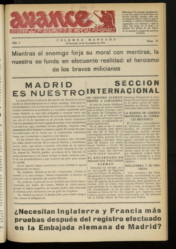 Miniatura de Avance: boletín de lucha antifascista de 26 de noviembre de 1936, nº 54
