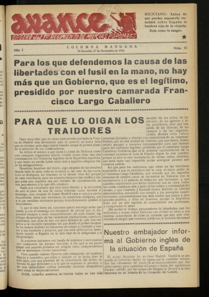 Miniatura de Avance: boletín de lucha antifascista de 27 de noviembre de 1936, nº 55