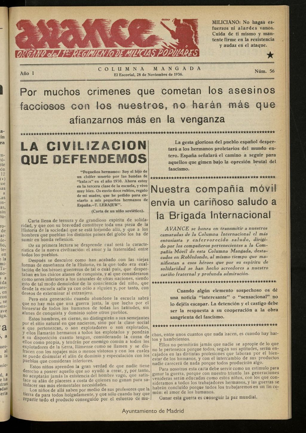 Miniatura de Avance: boletín de lucha antifascista de 28 de noviembre de 1936, nº 56