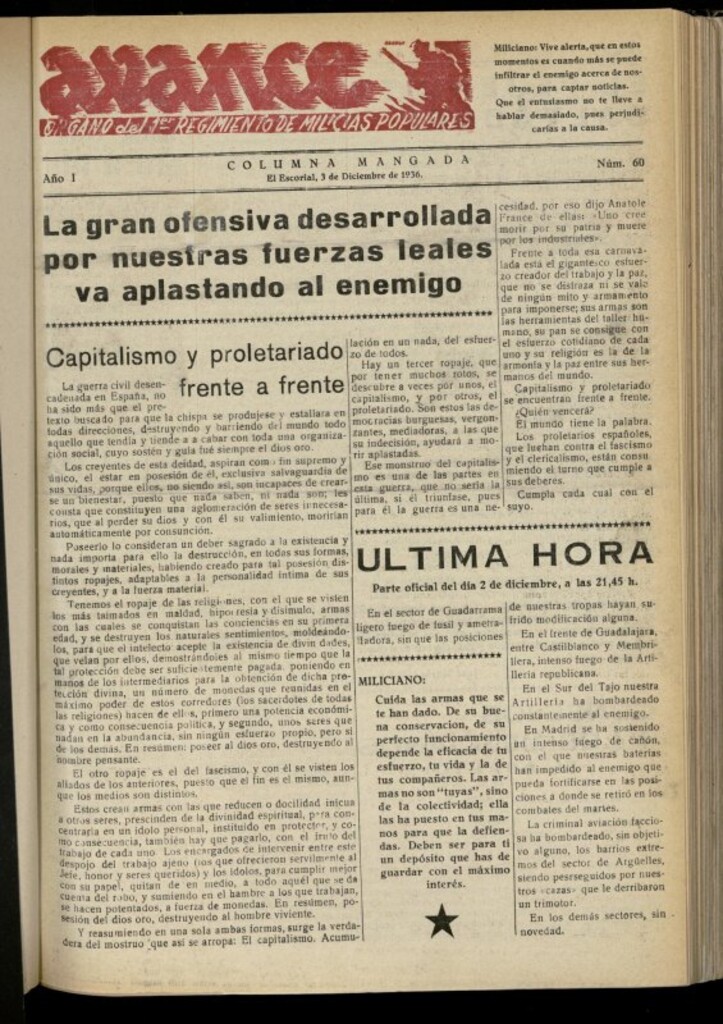 Miniatura de Avance: boletín de lucha antifascista de 3 de diciembre de 1936, nº 60