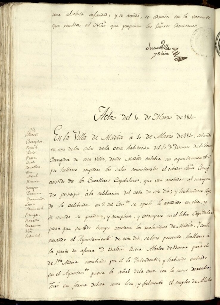 Miniatura de Libro de Acuerdos del Ayuntamiento de Madrid del 10 de marzo de 1810